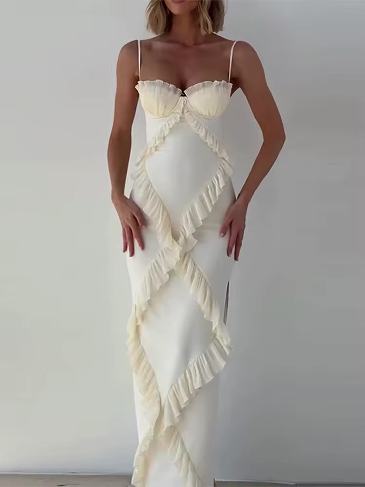 Spaghetti Strap Sleeveless Bodycon Ruffle Maxi Dress
