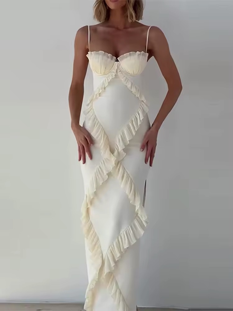 Spaghetti Strap Sleeveless Bodycon Ruffle Maxi Dress