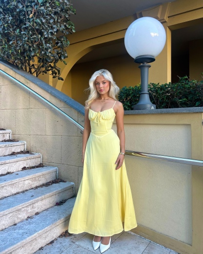 Yellow Spaghetti Strap Summer Holiday Vacation A Line Maxi Dress