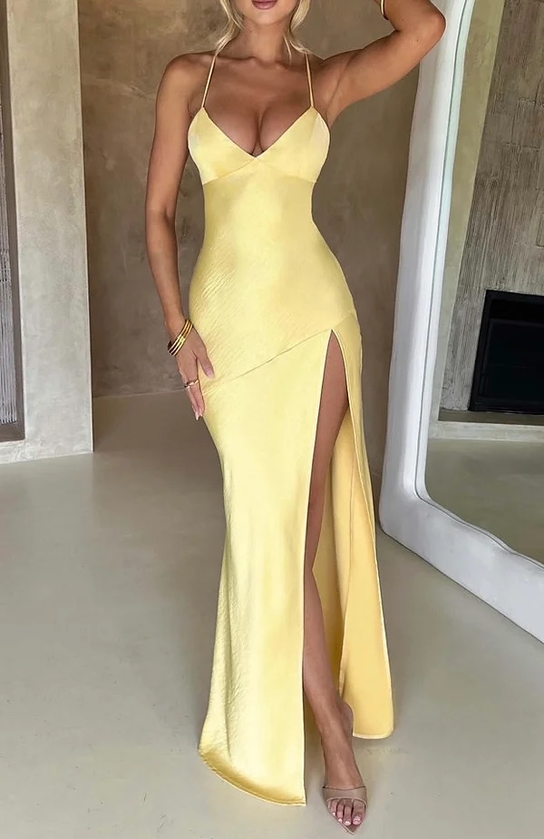 V Neck Backless Bodycon Tie Up Maxi Dress