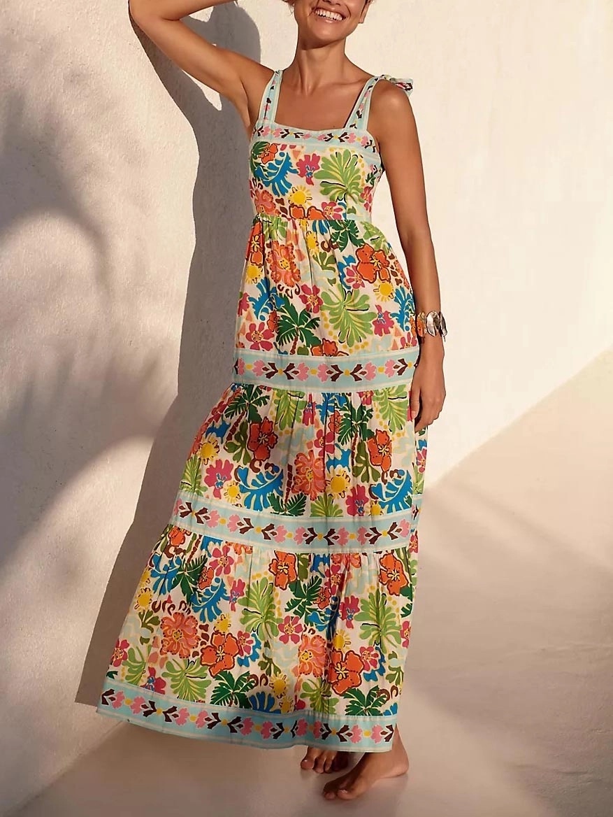 Floral Printed Square Neck Sleeveless Maxi Dress