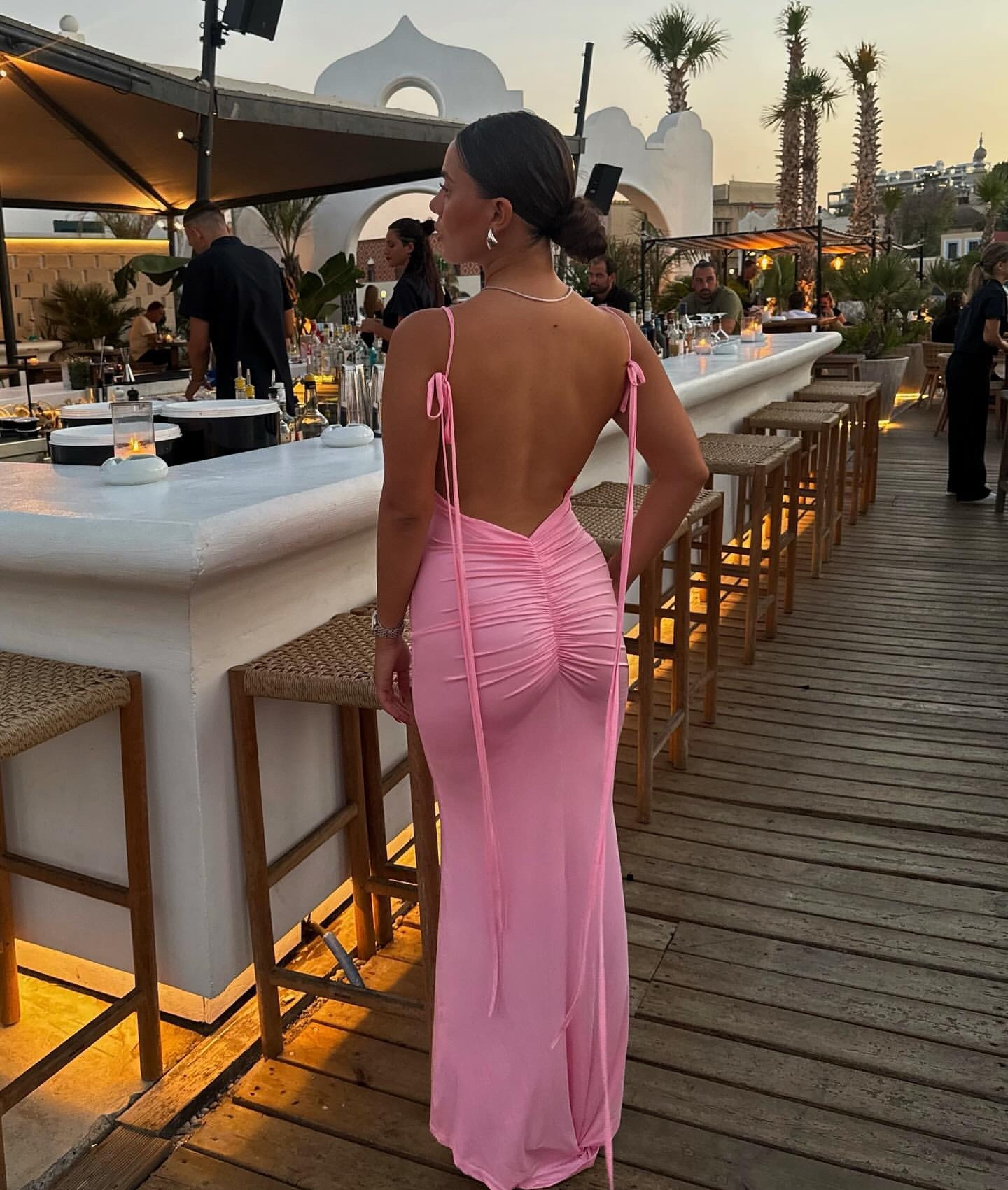 Backless Ruched V Bodycon Spaghetti Strap Maxi Dress