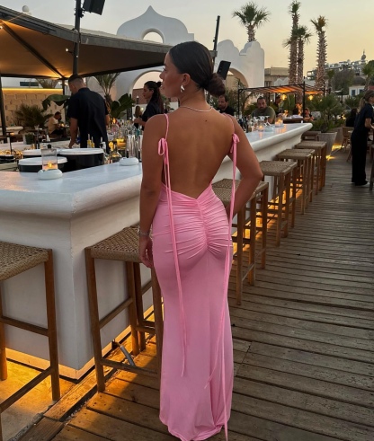 Backless Ruched V Bodycon Spaghetti Strap Maxi Dress
