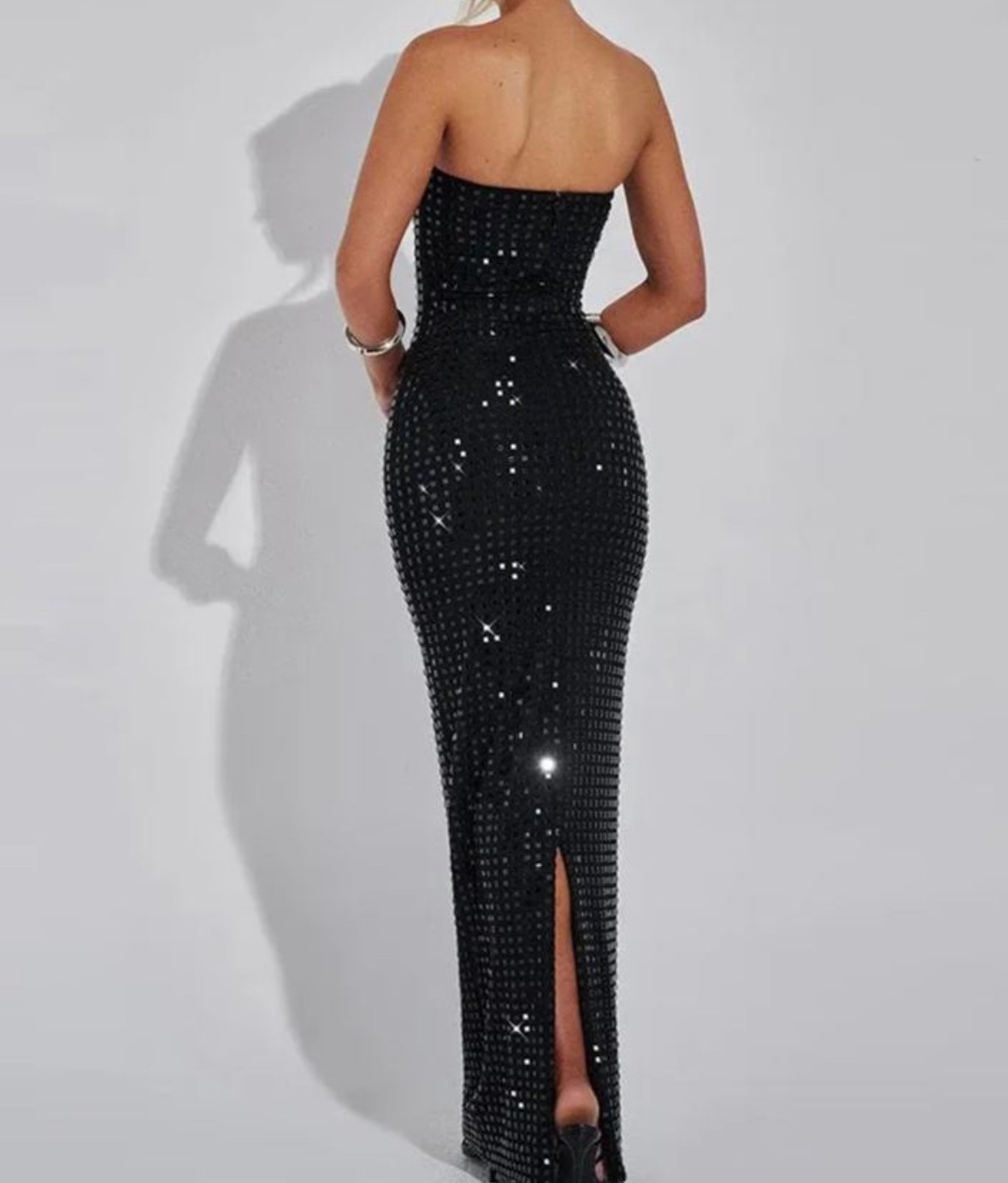 Black Strapless Glitter Sequin Bodycon Party Maxi Dress