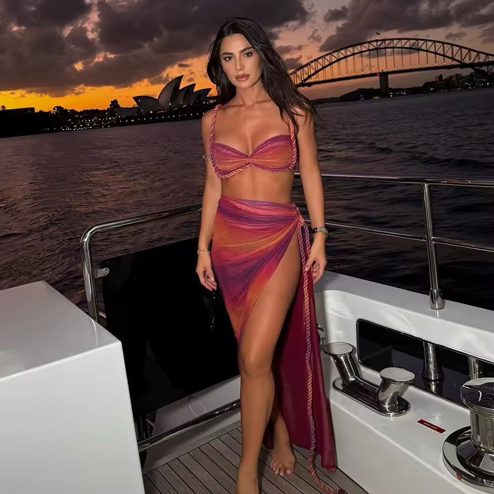Gradient Bandeau Strap 3 Piece Bikini Set