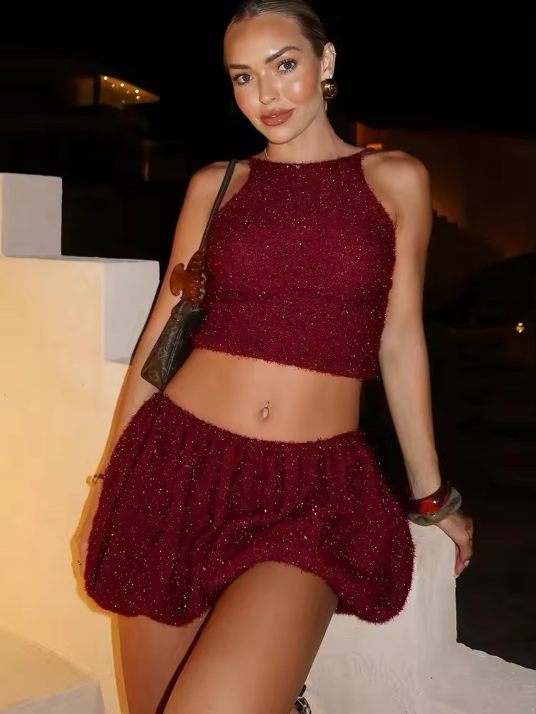Glitter Sleeveless Crop Top & Mini Skirt Set