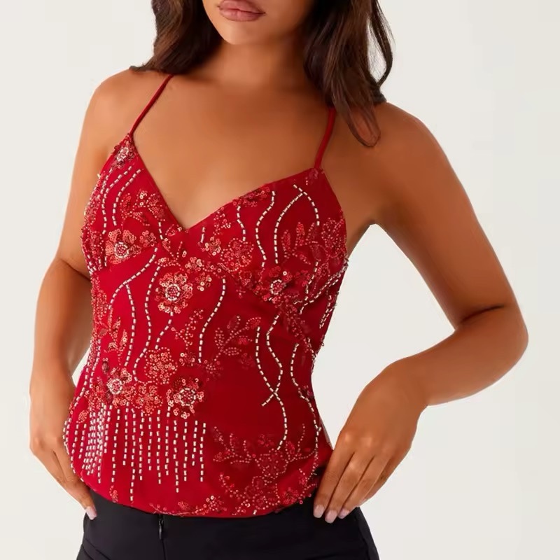 Spaghetti Strap V Neck Beaded Sequin Top