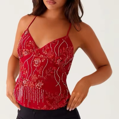 Spaghetti Strap V Neck Beaded Sequin Top