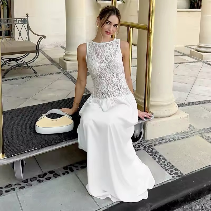 White Mesh Lace Sleeveless A Line Maxi Summer Dress
