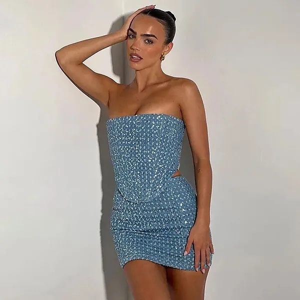Blue Sequined Denim 2 Piece Co-ord Set