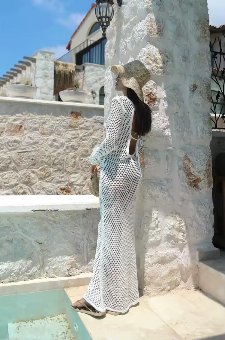 White Crochet Beach Backless Knit Cover Up Dress Open Back