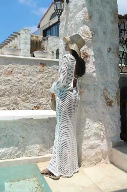 White Crochet Beach Backless Knit Cover Up Dress Open Back