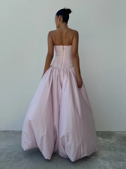 Pink Bubble Hem Ruffle Formal Maxi Dress