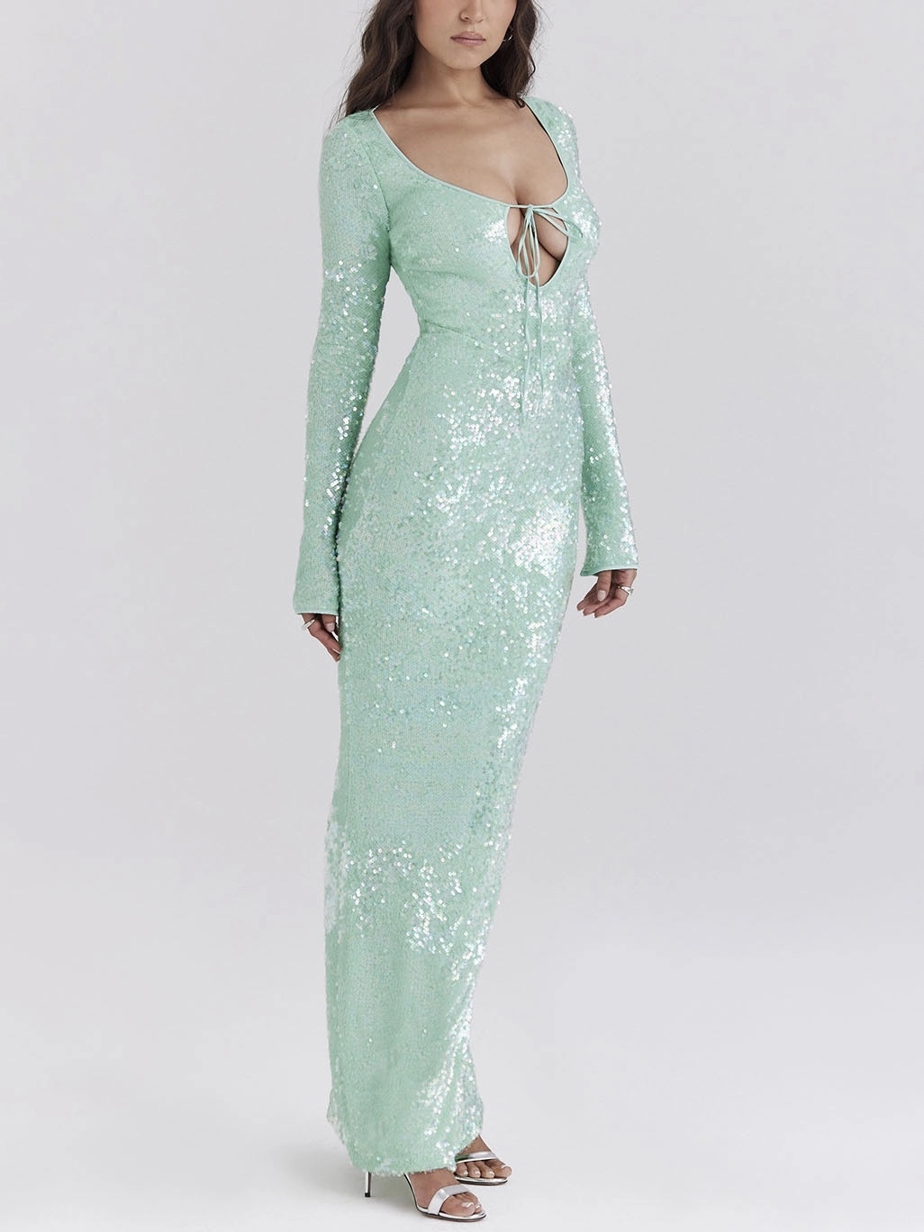 Green Sequin Glitter Cut Out Tie Up Maxi Dress