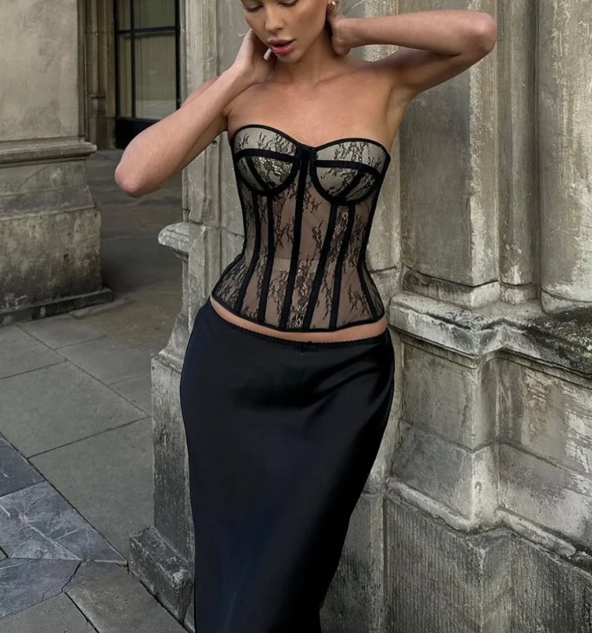 Black Patchwork Lace Corset Style Crop Top
