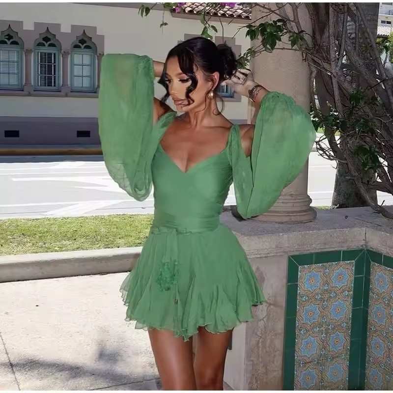 Long Sleeve A Line Green Vacation Holiday Mini Dress