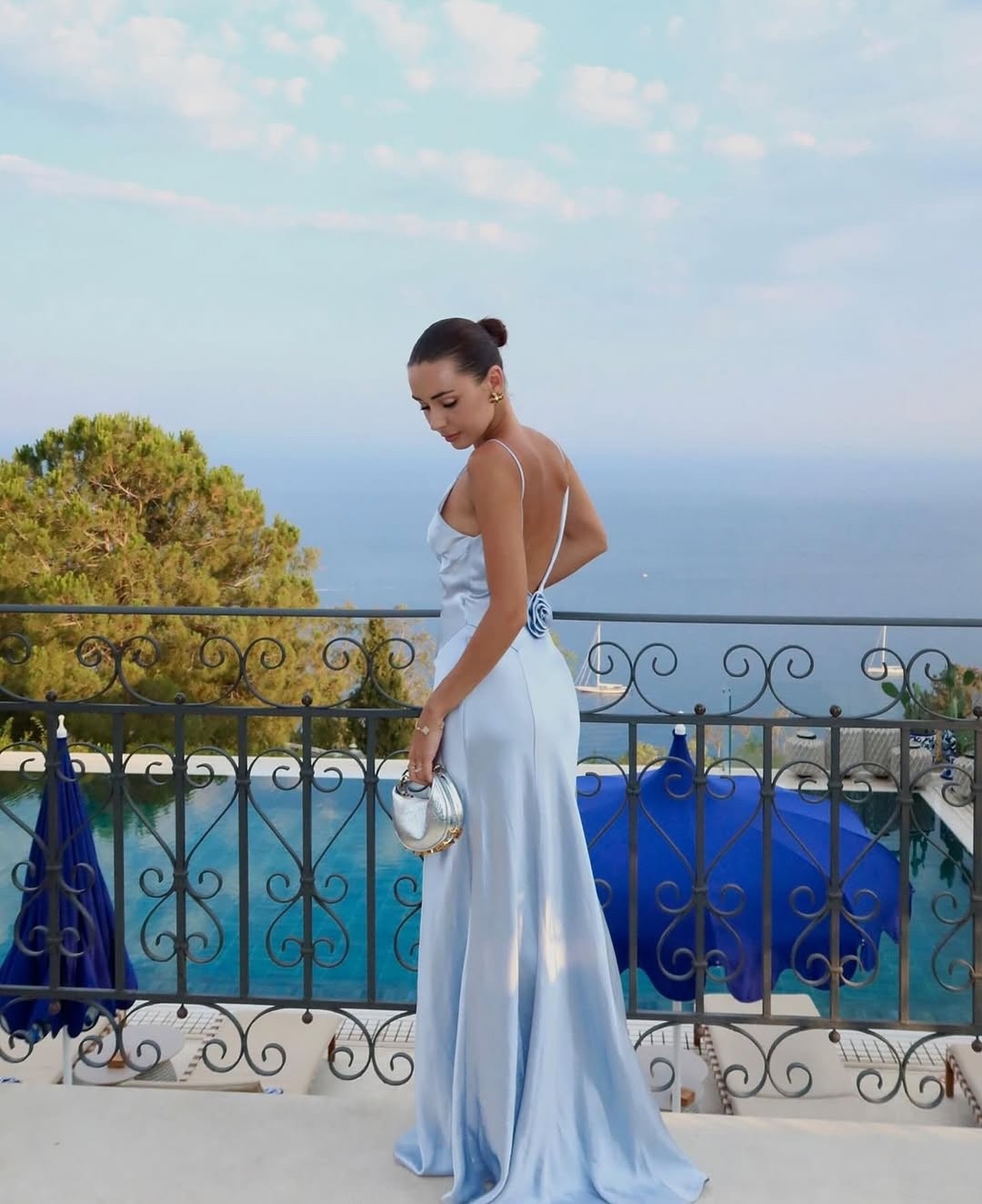 Blue Silk Backless Flower Floral Formal Maxi Dress