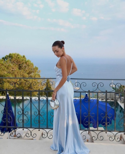Blue Silk Backless Flower Floral Formal Maxi Dress