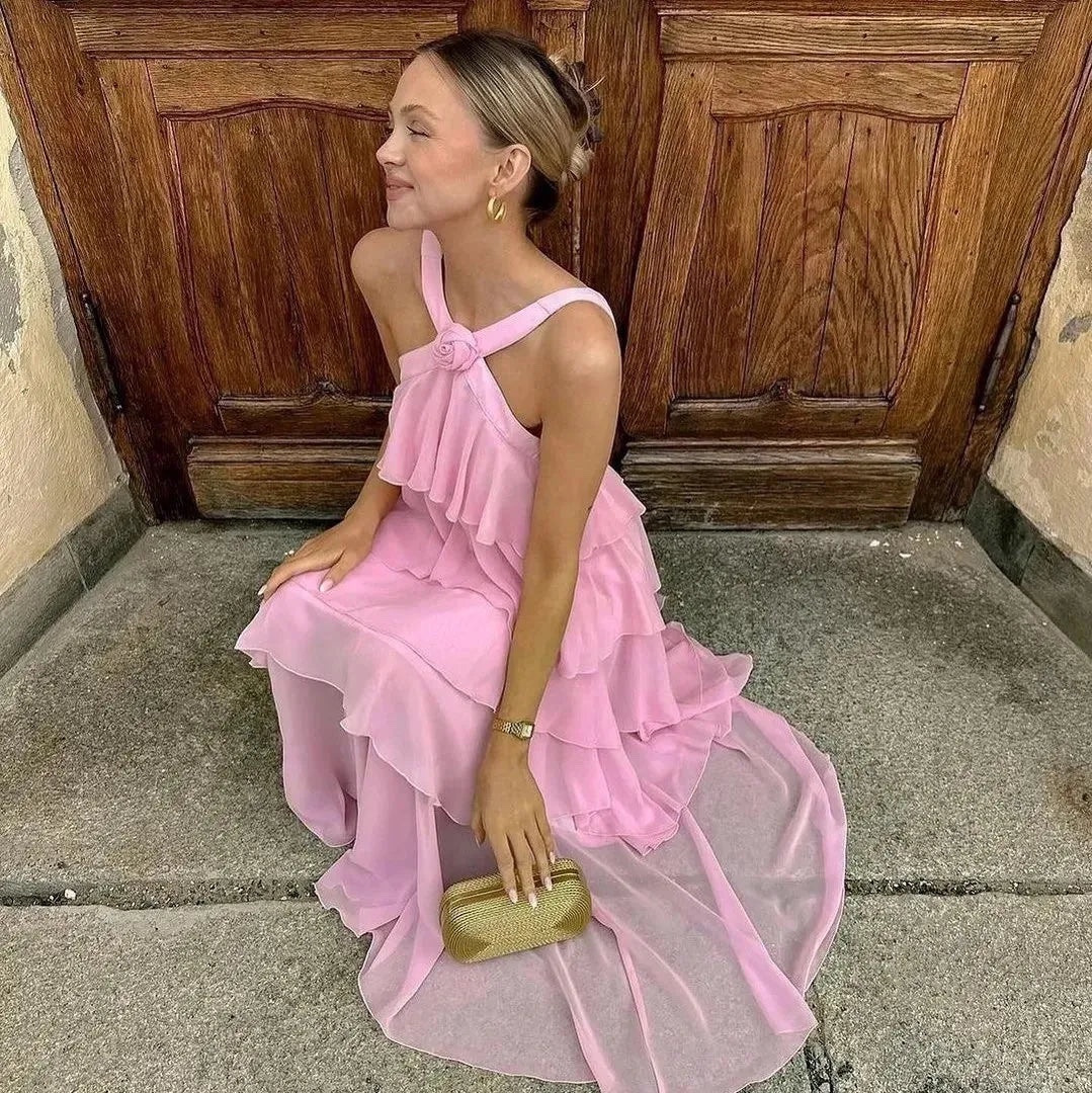 Pink Flower Detail Layered Ruffle Backless Maxi Dress Elegant