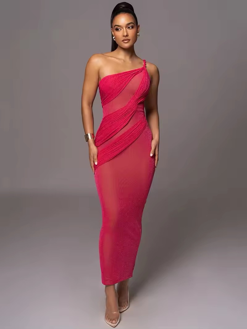 One Shoulder Glitter Bodycon Maxi Dress