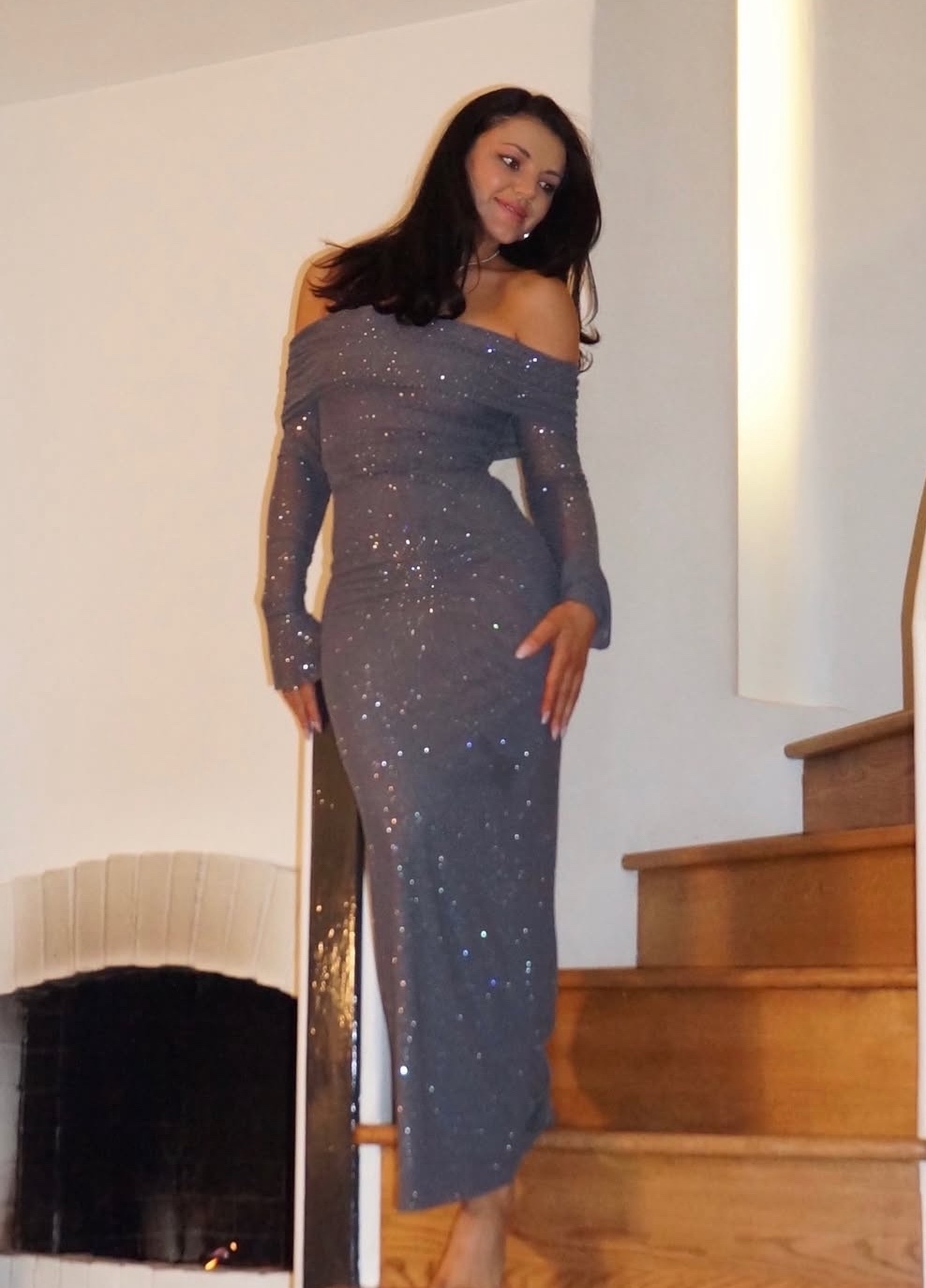 Off Shoulder Strapless Glitter Sequin Bodycon Maxi Dress