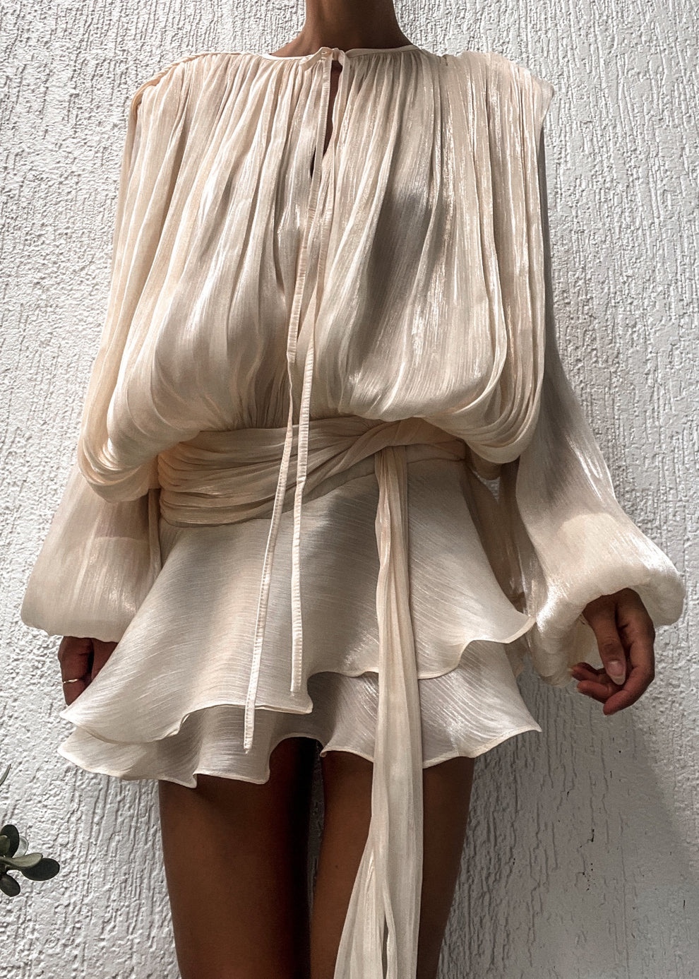 Long Sleeve Lace Tie Up Satin Silk Elegant Mini Dress