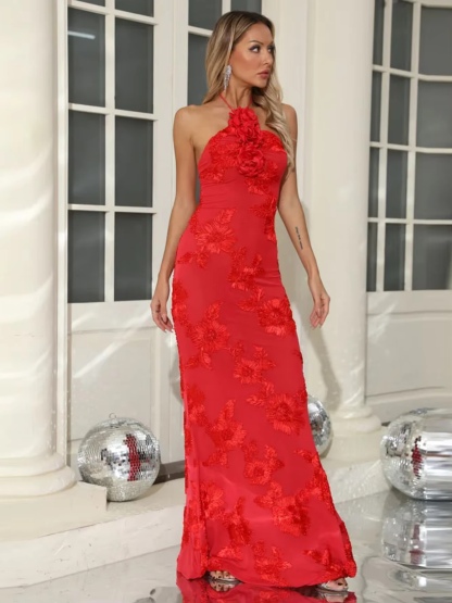 Halter 3D Flower Bodycon Long Maxi Dress