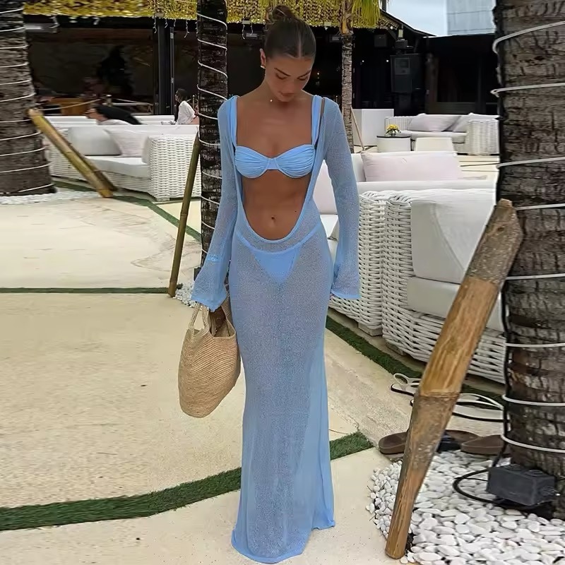 Blue Long Sleeve Bikini 3 Piece Set