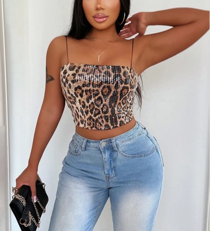 Leopard Print Sequin Crop Top