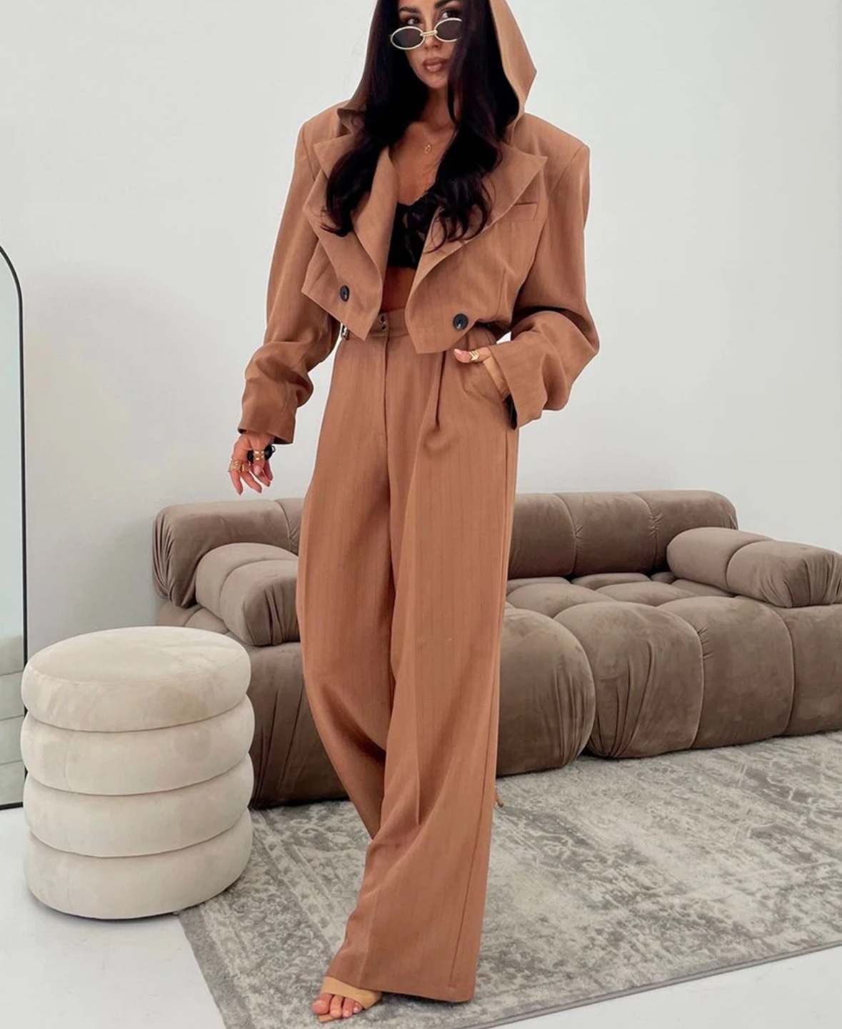 Elegant Lapel Long Sleeve Crop Top With High Waist Wide Pants Set