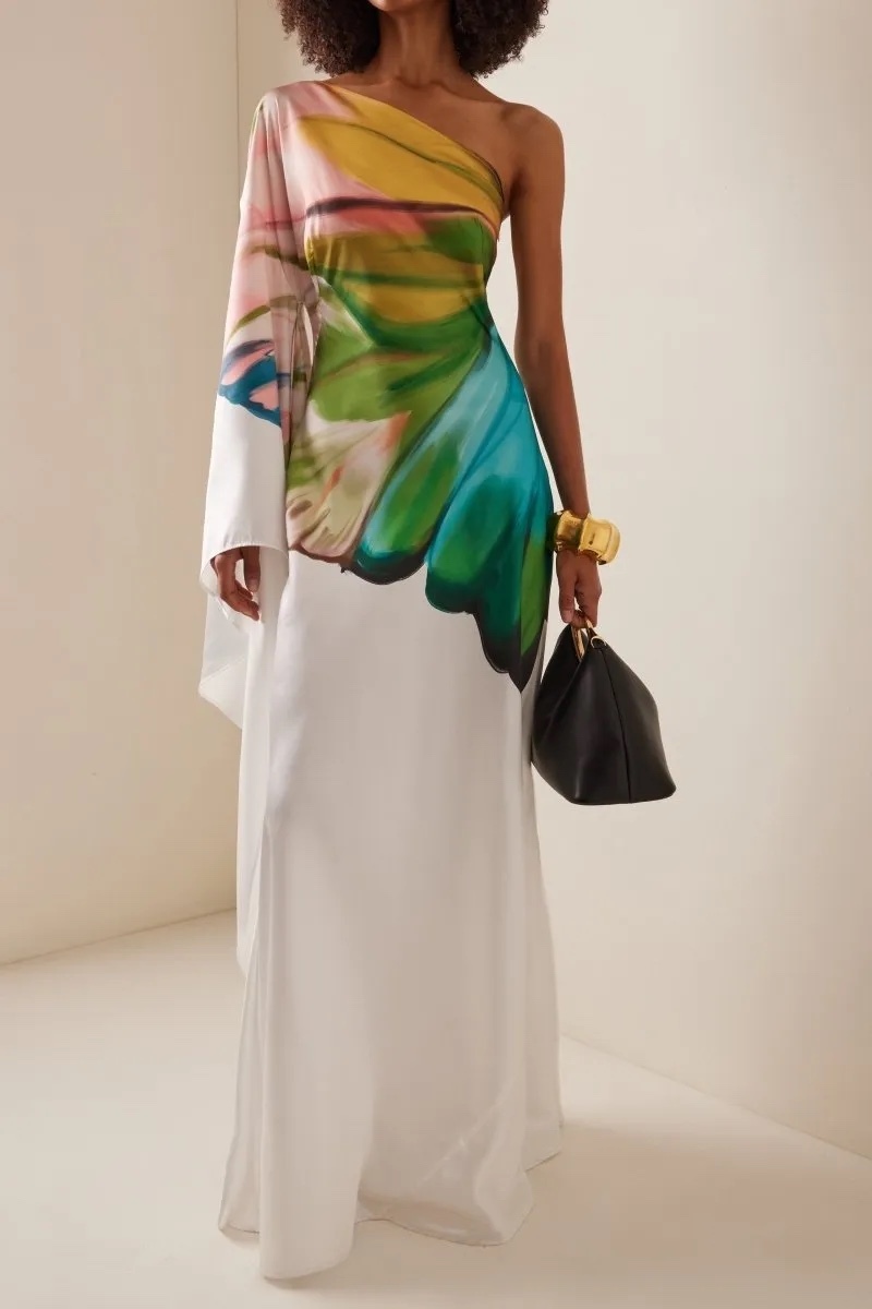 One Shoulder Long Sleeve Satin Silk Maxi Dress