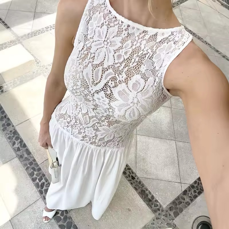 White Mesh Lace Sleeveless A Line Maxi Summer Dress