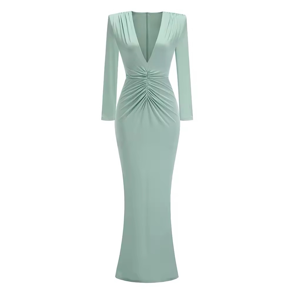 Deep V Neck Long Sleeve Elegant Bodycon Maxi Dress