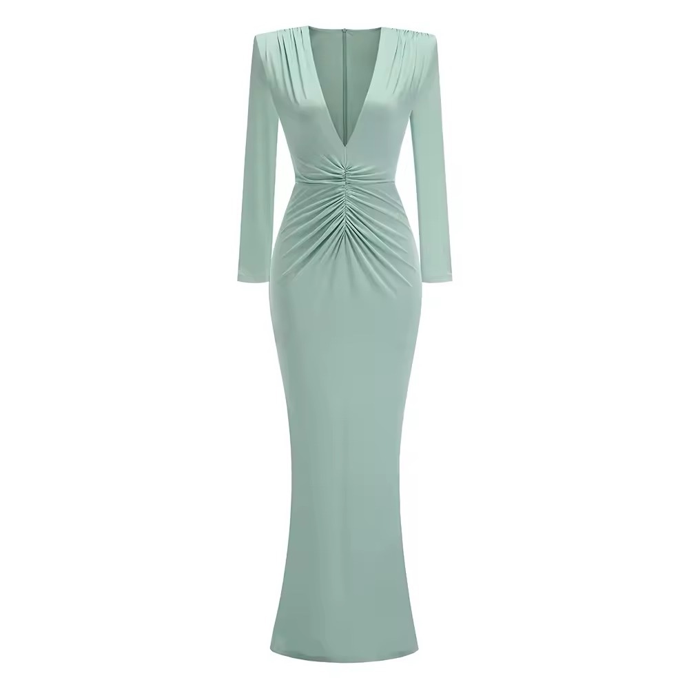 Deep V Neck Long Sleeve Elegant Bodycon Maxi Dress