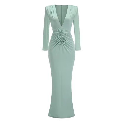 Deep V Neck Long Sleeve Elegant Bodycon Maxi Dress