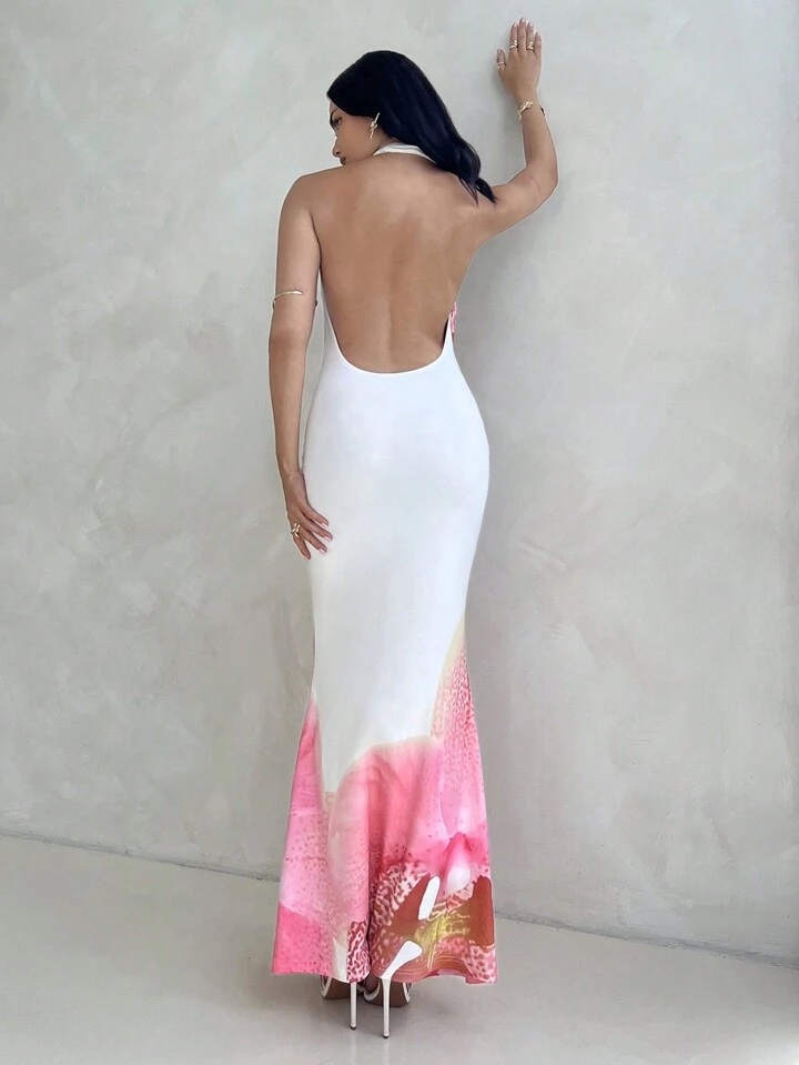 Floral Pink Print Halter Scoop Neck Summer Vacation Maxi Dress