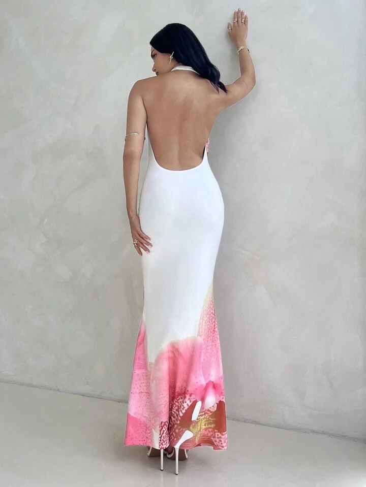 Floral Pink Print Halter Scoop Neck Summer Vacation Maxi Dress