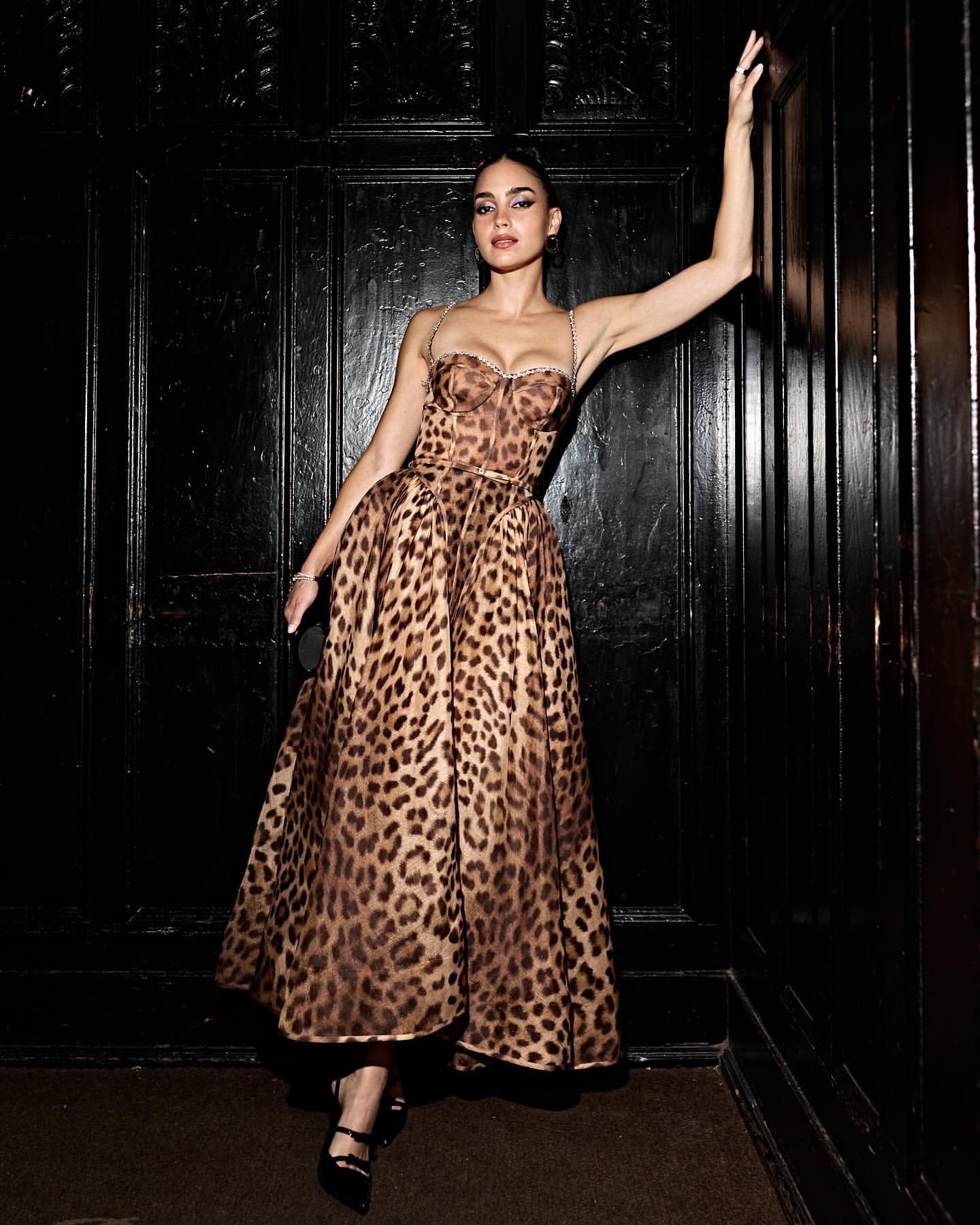 Rhinestone Diamond Strap Leopard Print A Line Midi Dress