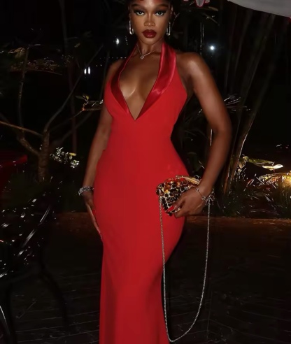 Red Satin V Neck Bodycon Sleeveless Maxi Dress