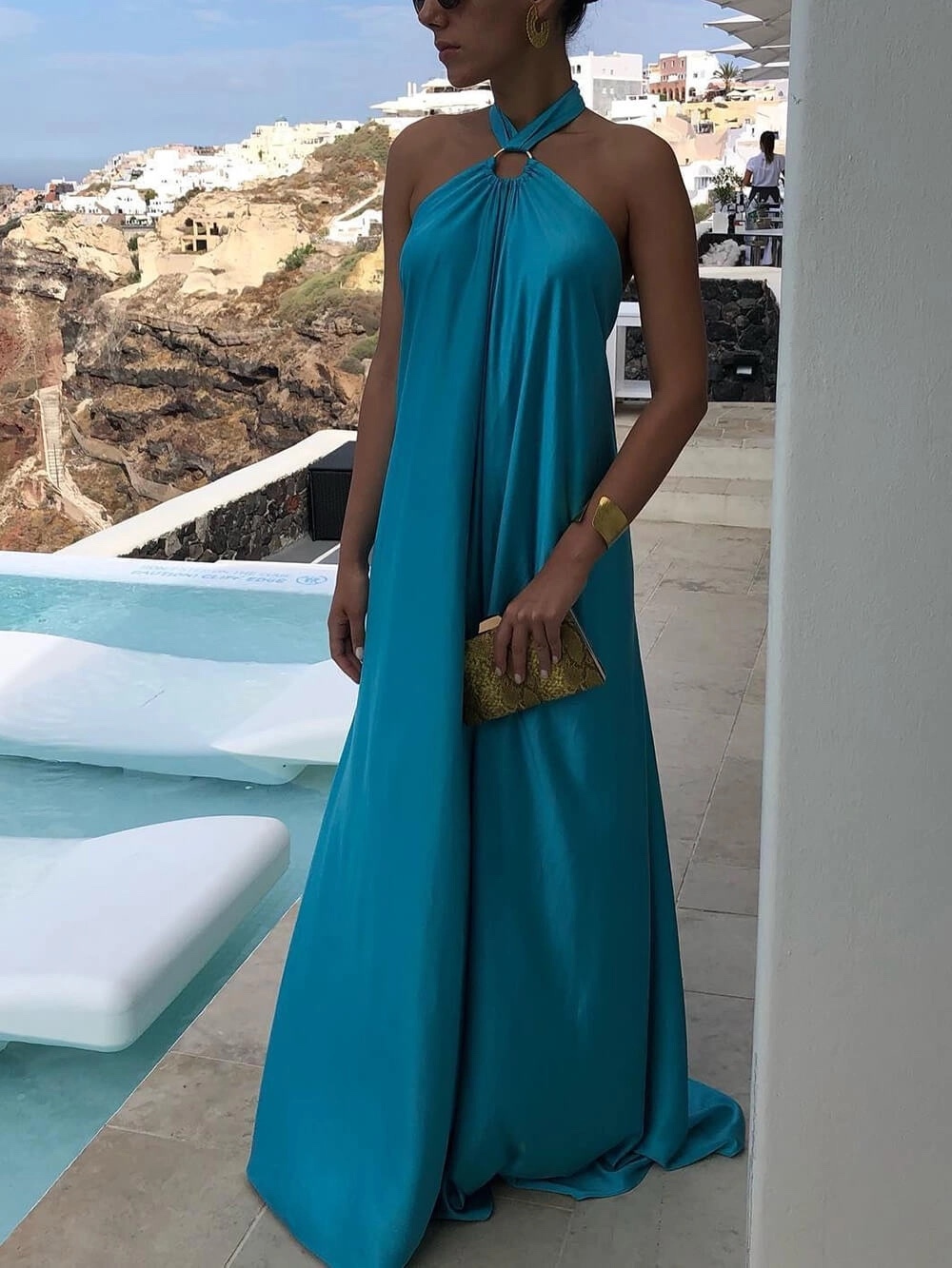 Halter Scoop Neck Holiday Vacation Maxi Dress