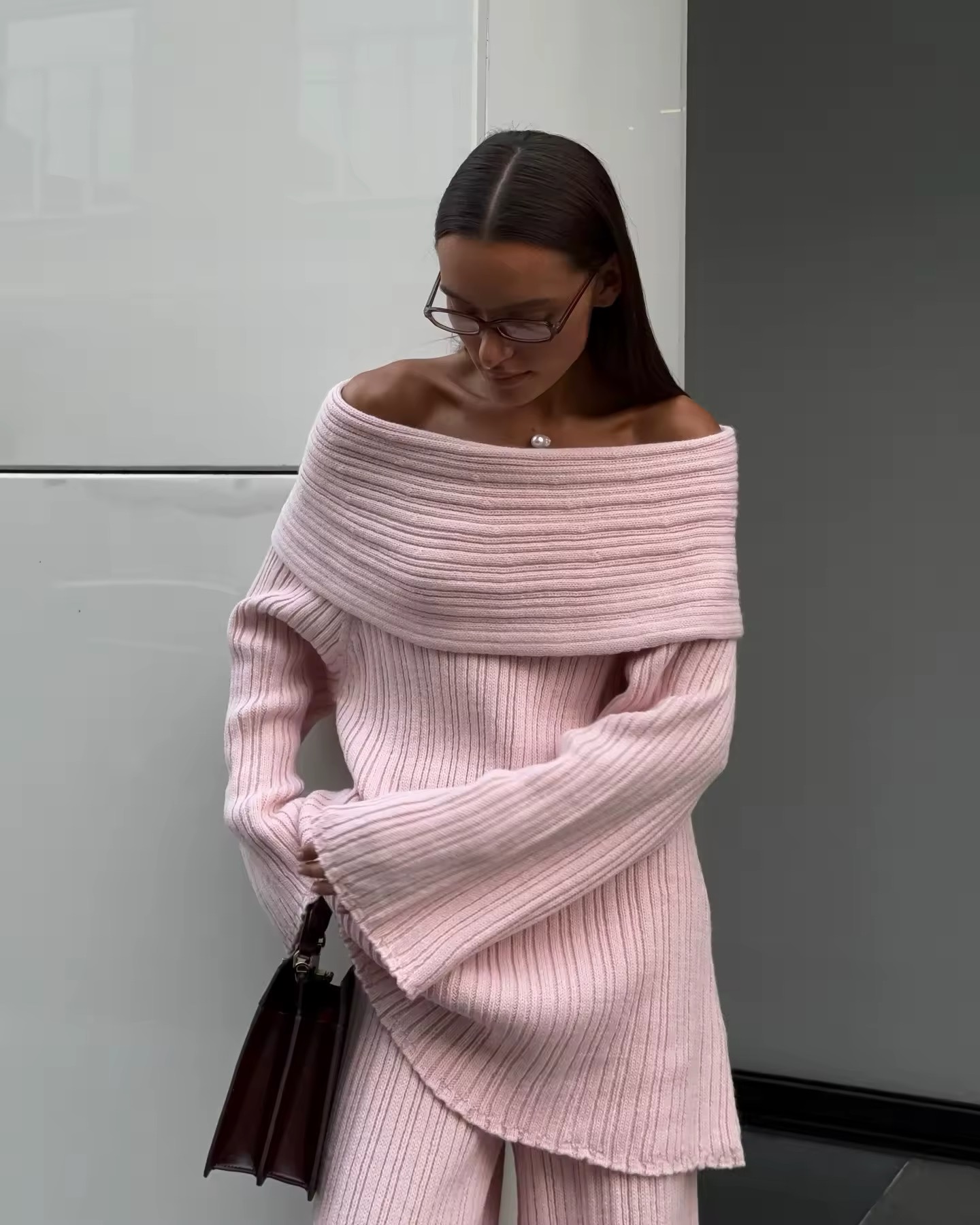 Off Shoulder Knitwear Long Sleeve Top & Trousers Set