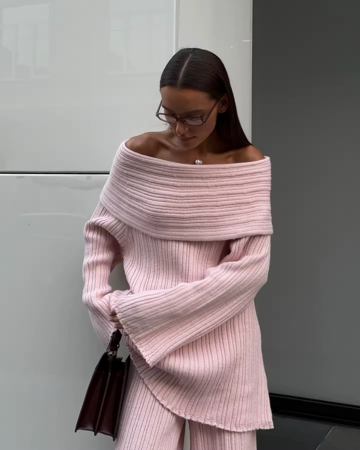 Off Shoulder Knitwear Long Sleeve Top & Trousers Set