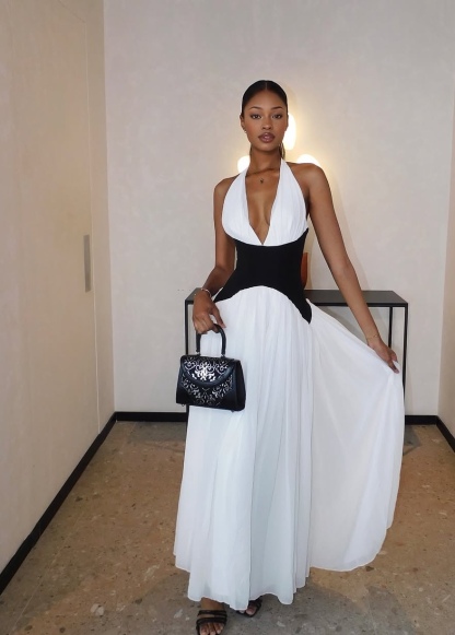 Two Tone Contrast V Neck Halter A Line Maxi Dress