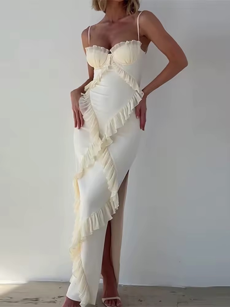 Spaghetti Strap Sleeveless Bodycon Ruffle Maxi Dress