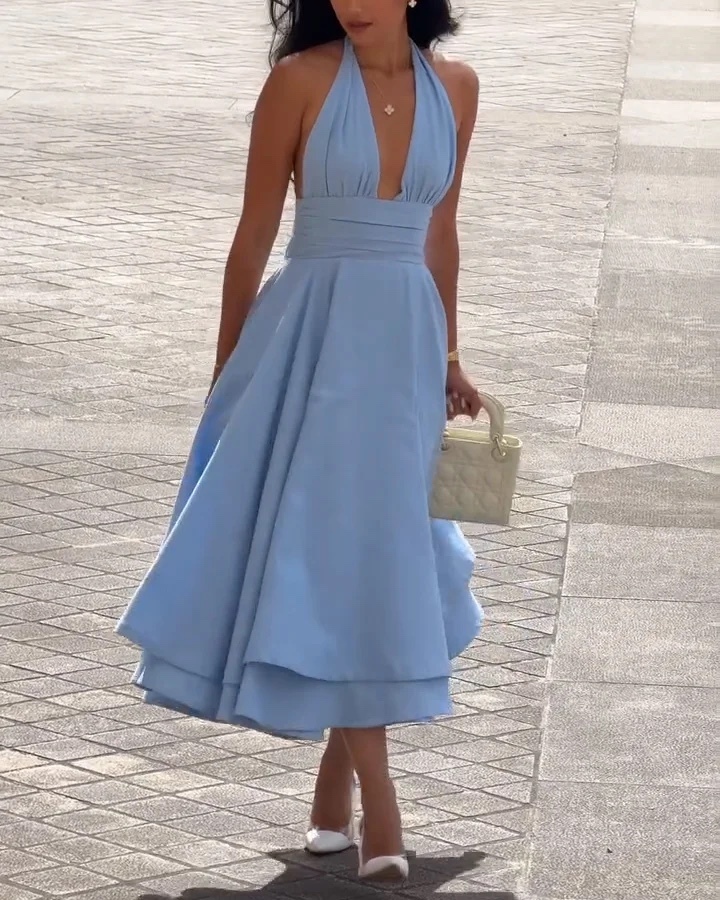 Blue Elegant Summer V Neck Sleeveless A Line Midi Dress