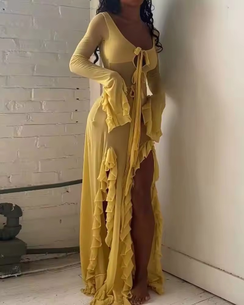 Ruffle Long Sleeve Thigh Slit Tie Up Maxi Dress