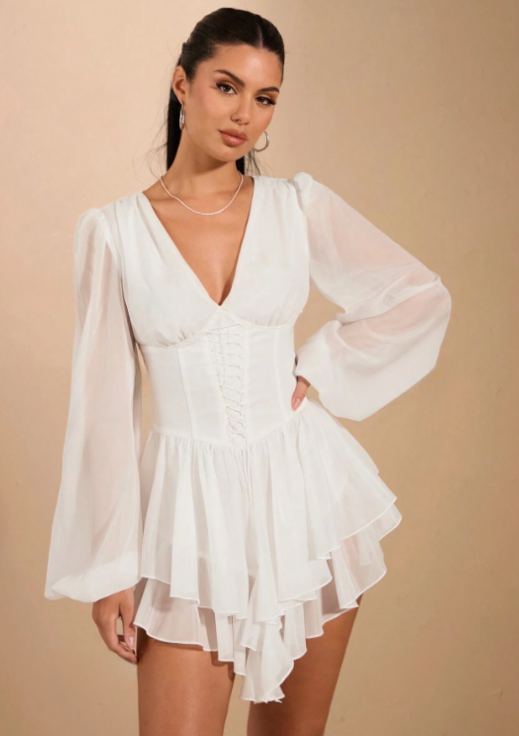 Long Sleeve Mesh V Neck A-Line Mini Dress