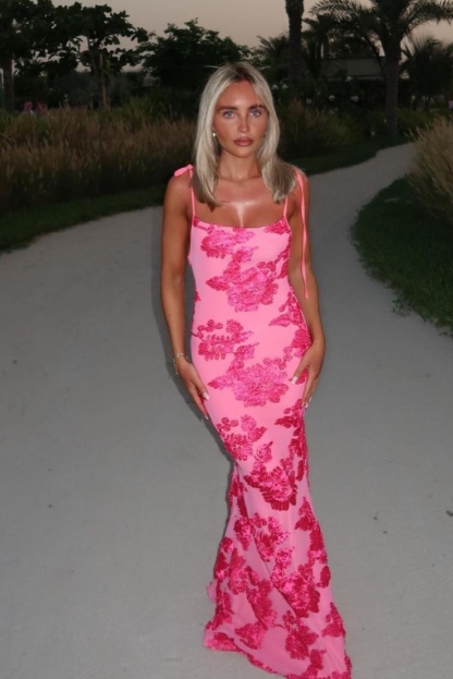 Pink Floral Spaghetti Strap Bodycon Maxi Dress