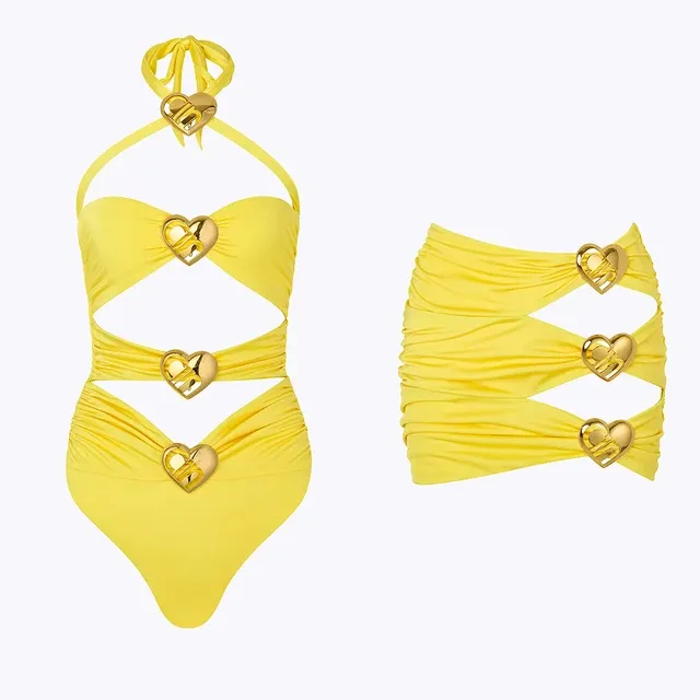 Gokd Heart Cut Out One Piece Bikini and Skirt