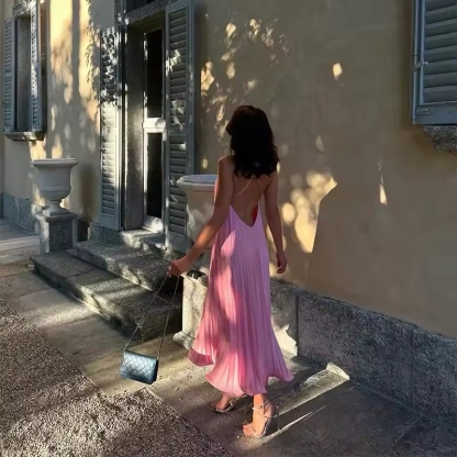 Pleated Halter A Line Summer Vacation Maxi Dress